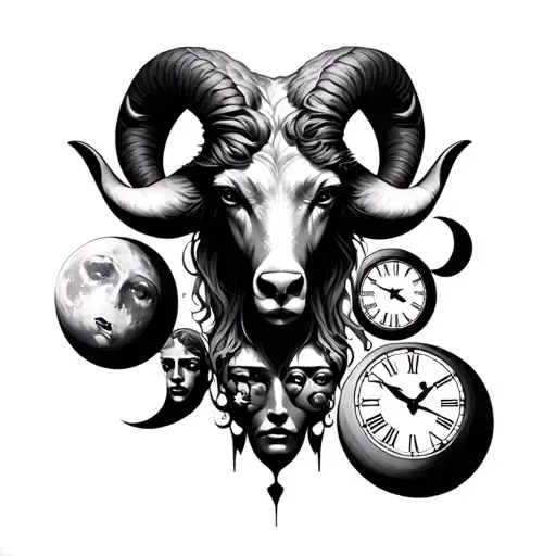 Draw An Aries Tattoo On Forearm With 8 Moons And Many Faces With A Clock As The Background