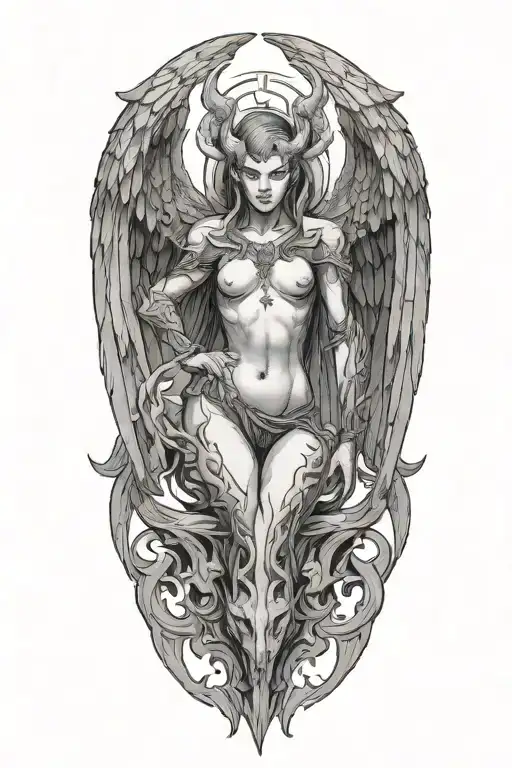 Diablo Iv Lilith Tattoo With Demon Wings And Horns