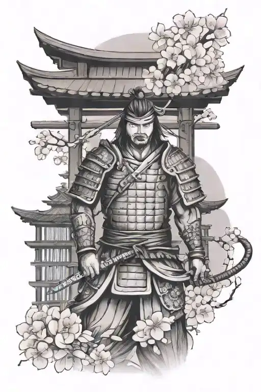 Samurai Warrior Standing And Sakura Behind Him And Japanese Gate