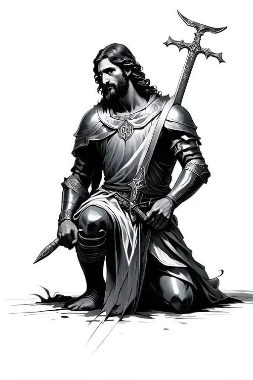 Christan Knight Kneeling Holding Sword