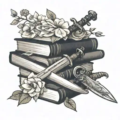 A Minimalist Tattoo Of A Sword And Flowers On Top Of A Stack Of Books