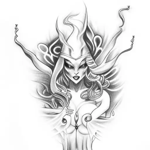 A Dark Arts-inspired Tattoo Featuring A Seductive Figure Dancing With Flames And Musical Notes