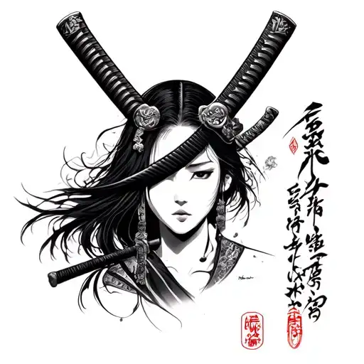 A Samurai Sword With Japanese Writing On Right Side And On Its Left A Female Half Face From Front