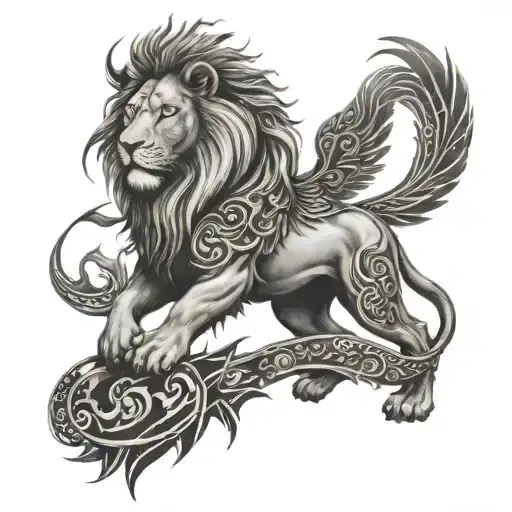 A Tattoo Of A Majestic Lion With Intricate Wings Inspired By Lord Shiva's Symbolism