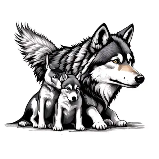 Dad Wolf Surrounded By Two Pups