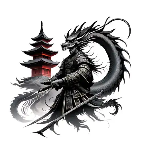 Japanese Samurai Warrior With Dragon And Temple