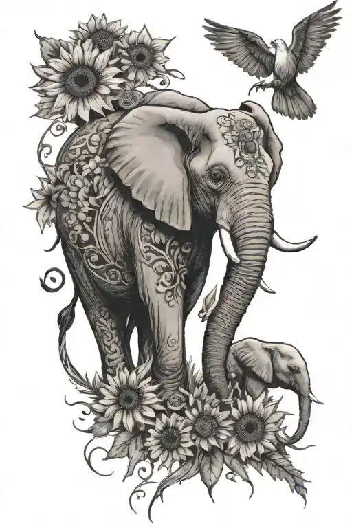 Elephant With Sunflowers And A Dove Flying By