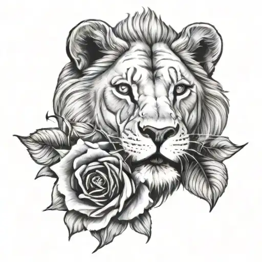 Lion Face Biting A Draped Rose Intertwined