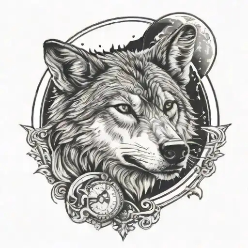 Wolf In Crescent Moon In Compass