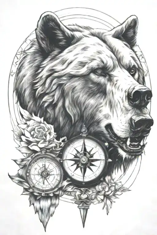 Compass And Alfa Wolf Growling Grizzly Bear Wearing
