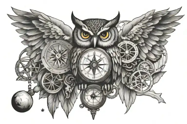 Owl And Watch With A Compass