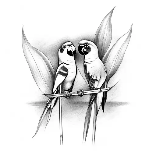 Two Orange Fronted Parakeet Resting On A Stick With A Lily