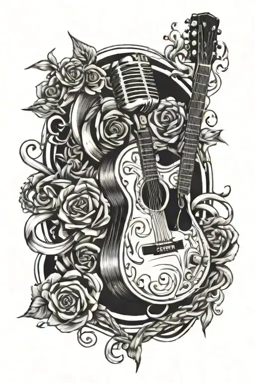 Microphone And Acoustic Guitar Intertwined