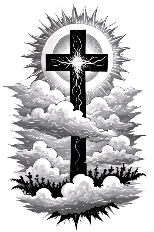 Cross With Clouds And Sun Shaded Behind It