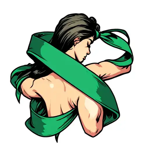 Green Sash That Wraps Around Bicep And Ends With A Ribbon And A Semicolon