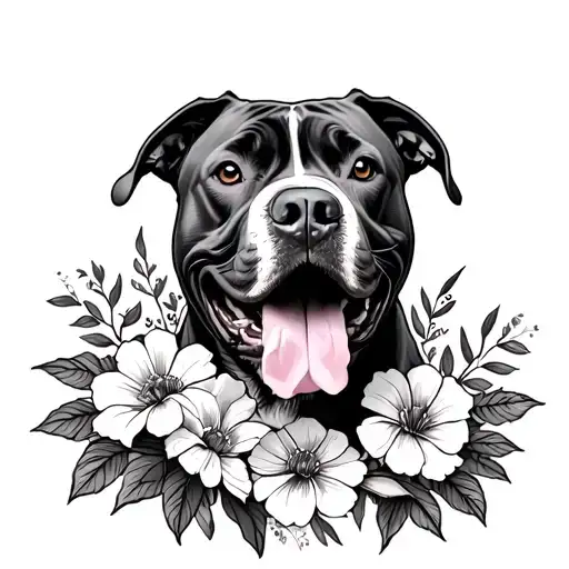 Pitbull And Flowers Surrounding