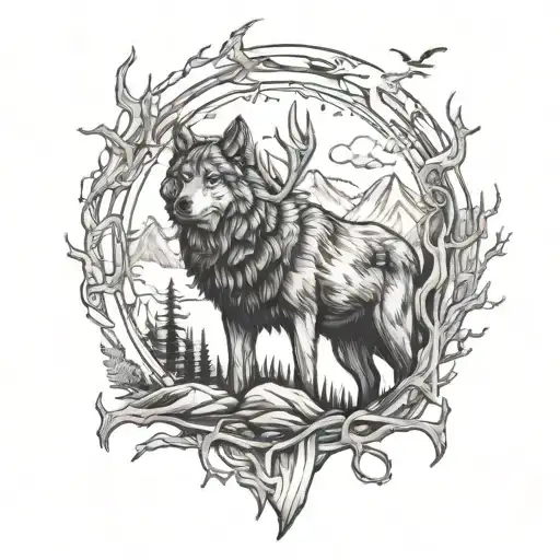 Wolf Blend Into Mountans With A River And A Elk Antler