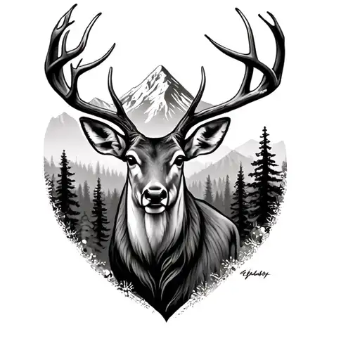 Majestic Realistic Deer Head Surrounded By Forest And Above A Medium Mountain