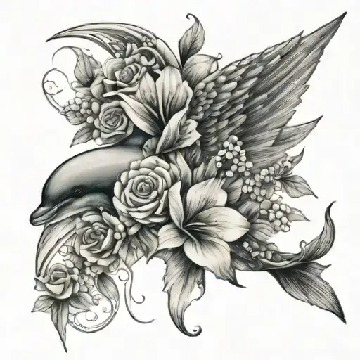 Angel Wing With Flowers On It Dolphin With Flowers Tattoo Without The Wings Being On The Dolphin