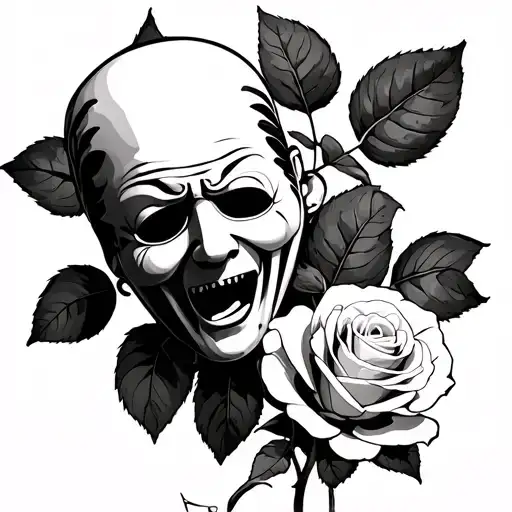 Comedy Tragedy Mask In Anguish Holding A White Rose