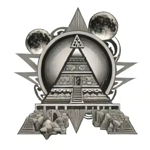 Mexican Aztec Pyramid With Solar Eclipse Moon Surrounded