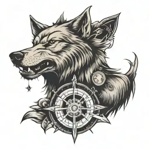 Old School Style Wolf In A Compass With Scandinavian Symbols And A Grin