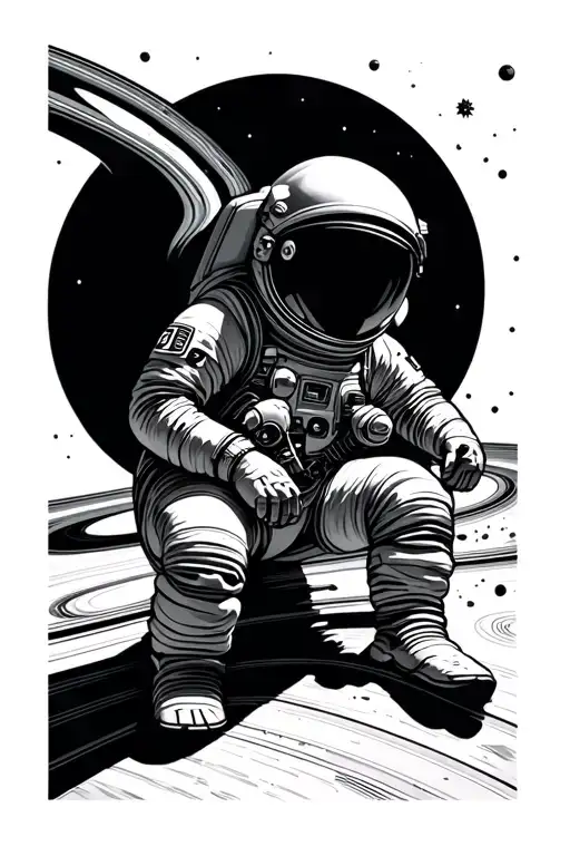 Astronaut Sitting On Edge Of The Rings Of Saturn