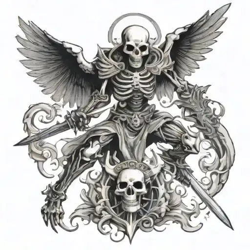 Demonic Skeleton Fighting An Angel Holding A Sword