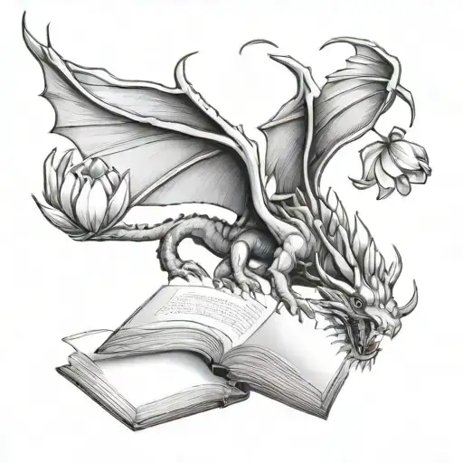 Dragon Flying Out Of A Book With Tulips Black And Grey