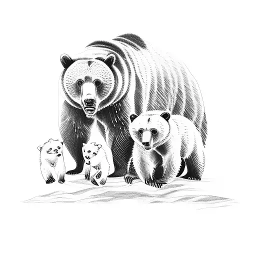 Grizzly Bear With Two Cubs And Mountains