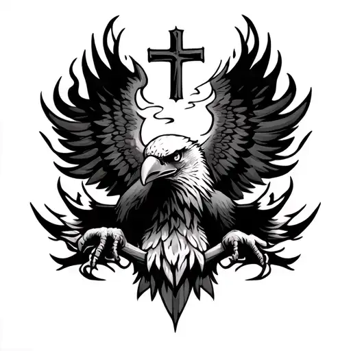 Eagle With Flame Wings Spread Wide With A Cross On The Eagle And Gangsta Looking