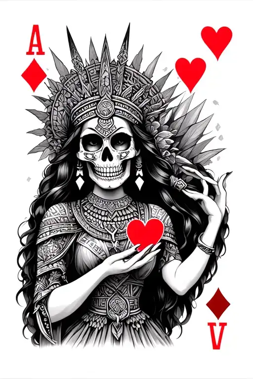 Aztec Skull Princess Holding Hearts Playing Card