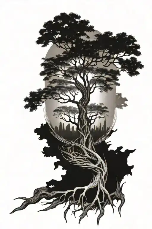 Dark Tree On The Forearm With Long Roots And 4 Childresns Names At The Base