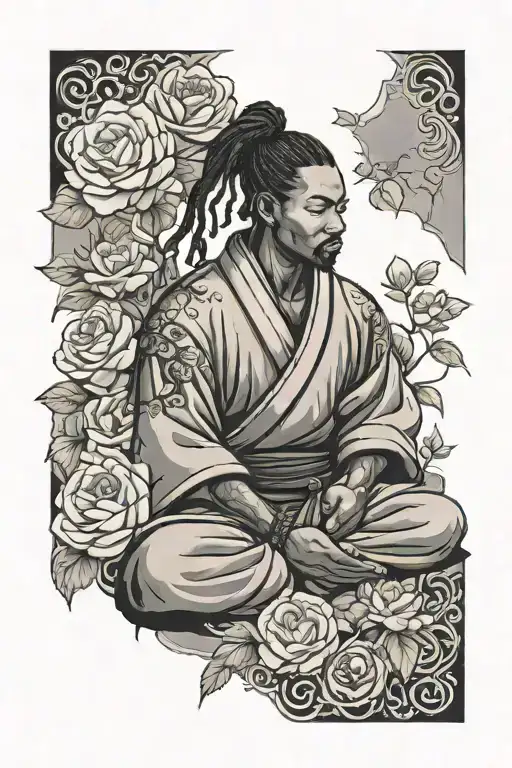 Black Samurai With Dreadlock Ponytail Meditating In Rose Garden
