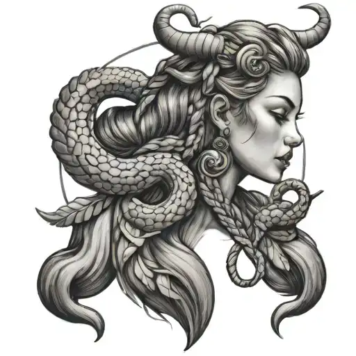 Virgo Goddess With Taurus Horns And Braided Hair Into A Scorpion Tail
