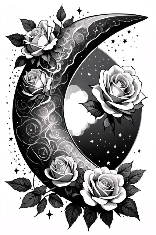 Crescent Moon With Few Roses Intertwined With Some Lines And Stars