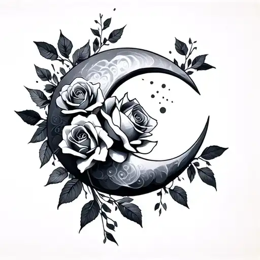 Minimalist Crescent Moon With Roses Intertwined