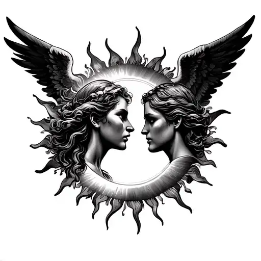 Sun Outline With An Angel And Scary Dark Angel Side Profiles Looking At Eachother Inside Of The Sun