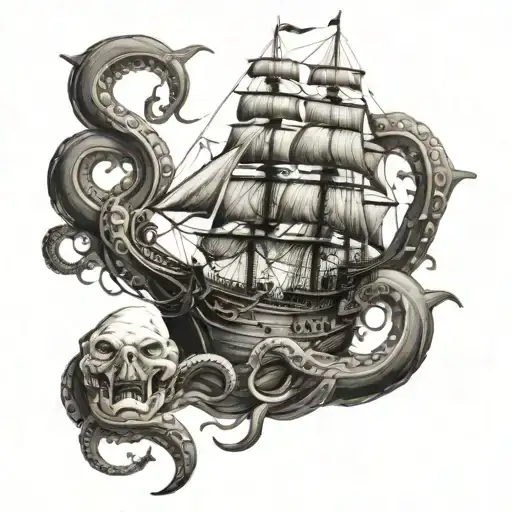 Old Ship And Octopus And Shark