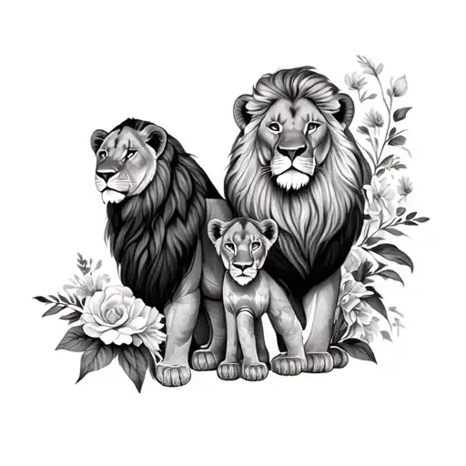 Male Lion Female Lion And Two Lion Cubs With Flowers