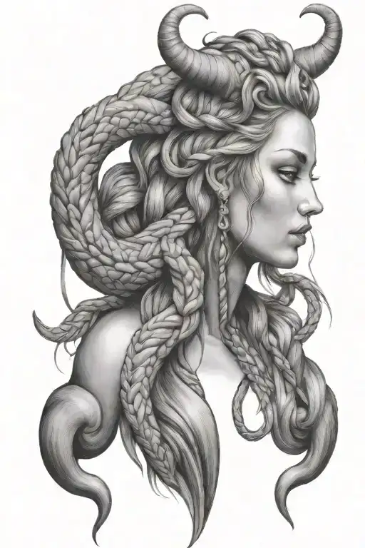 Virgo Goddess With Taurus Horns With Long Braided Hair Into A Scorpion Tail