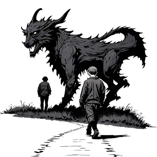 Boy Walks Along A Path With A Demon Behind