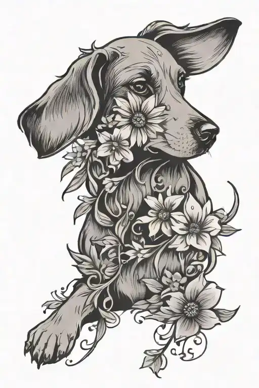 Dog Stencil Tattoo With Flowers Trailing Along A Simple