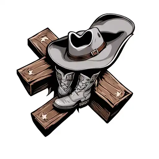 Cross With A Cowboy Hat Sitting On Top With Boots On Either Side Of The Bas
