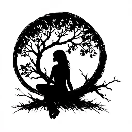 Girl Sitting By Tree Silhouette