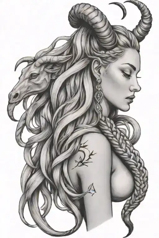Virgo Goddess With Taurus Horns And With Long Braided Hair Into A Scorpion Tail