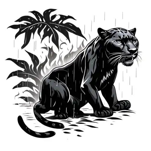 Panther On Fire In The Raining Jungle Shadows