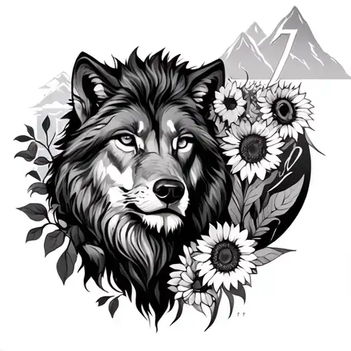 Wolf Eye And Lion And 7 And Mountains And Sunflowers Sur Le Bras