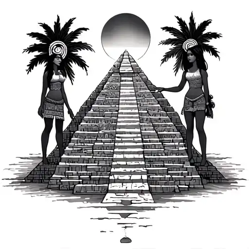 Aztec Pyramid With Girls And Sun Setting