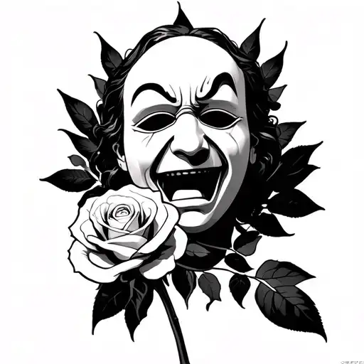 Comedy Tragedy Mask In Anguish Holding A White Rose